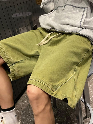 Wiaofellas vintage brown denim shorts men's American summer vibe high street half pants oversize trend olive green short jeans
